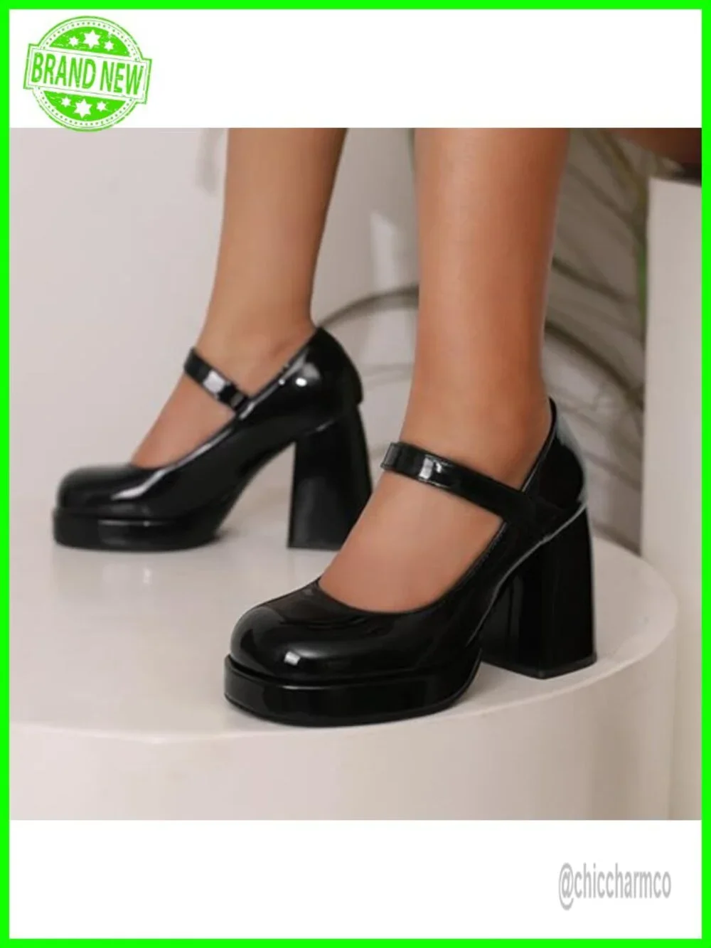 Patent Leather Platform Chunky Heels Mary Jane Shoes Round Toe Dress Pumps for